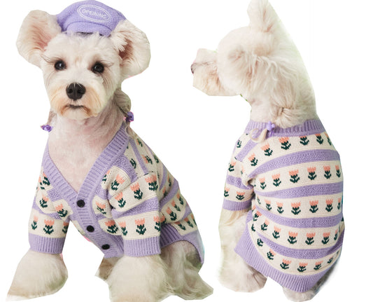 HKM-8834877 Cozy Purple Flower Jacquard Sweater Cardigan for Pets