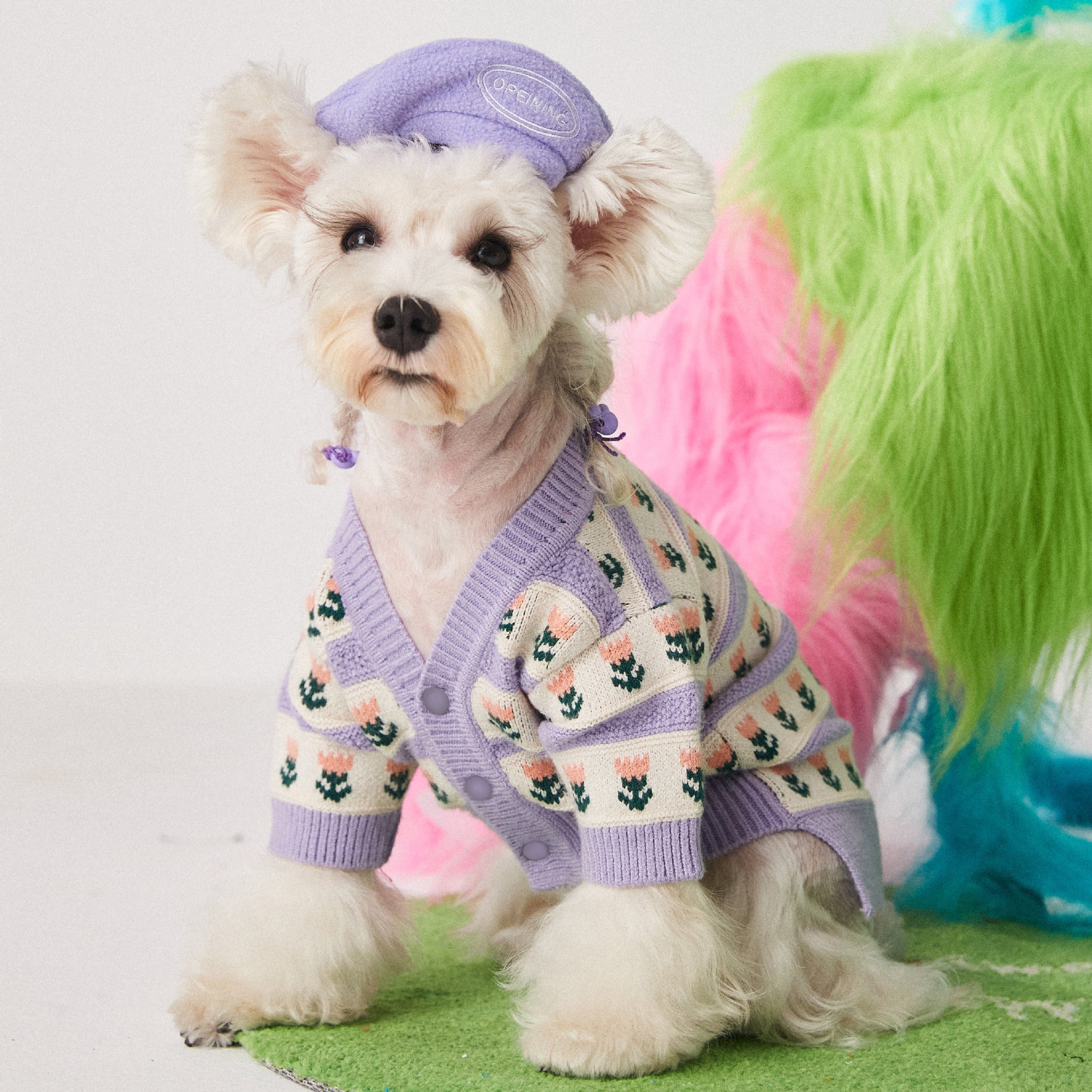 HKM-8834877 Cozy Purple Flower Jacquard Sweater Cardigan for Pets