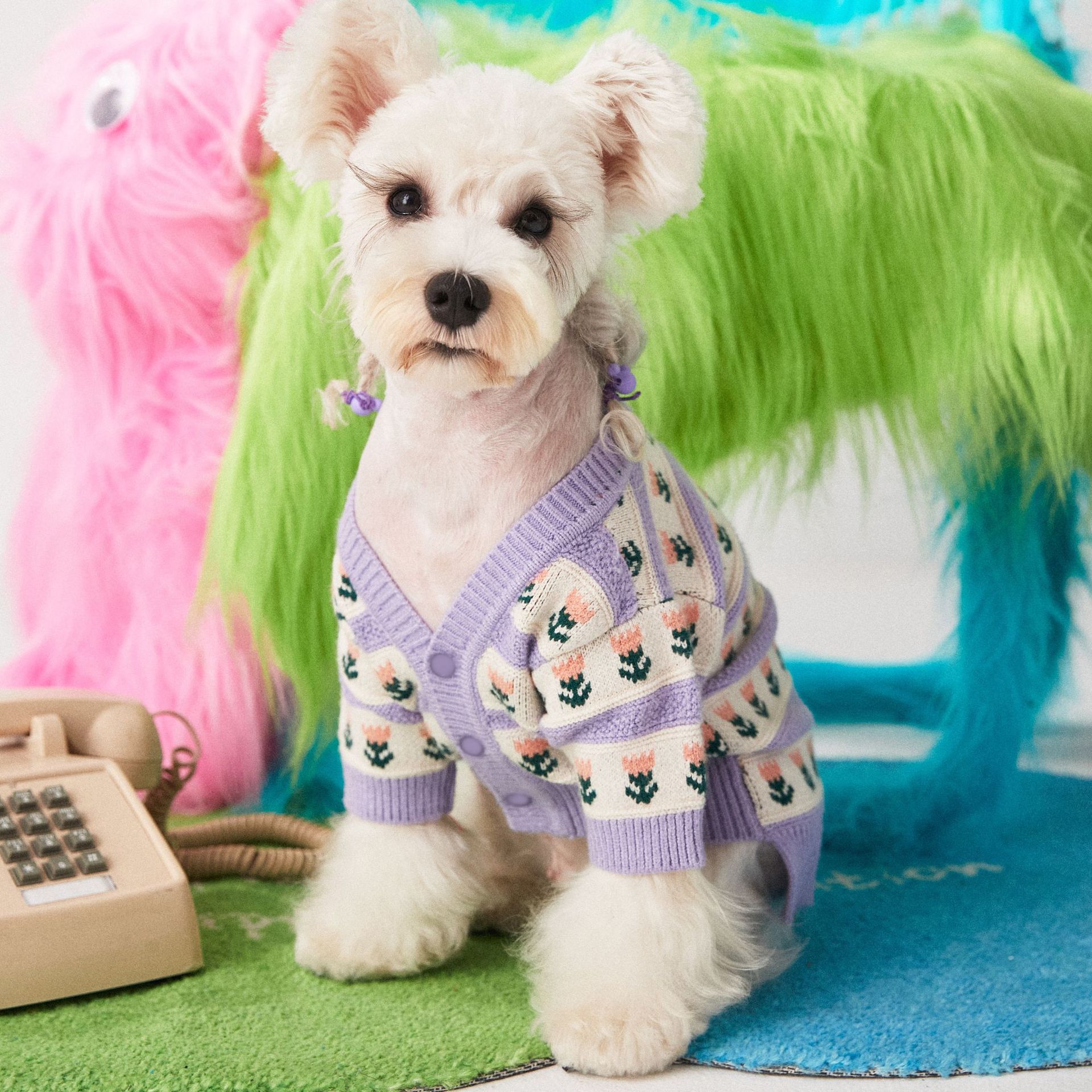 HKM-8834877 Cozy Purple Flower Jacquard Sweater Cardigan for Pets