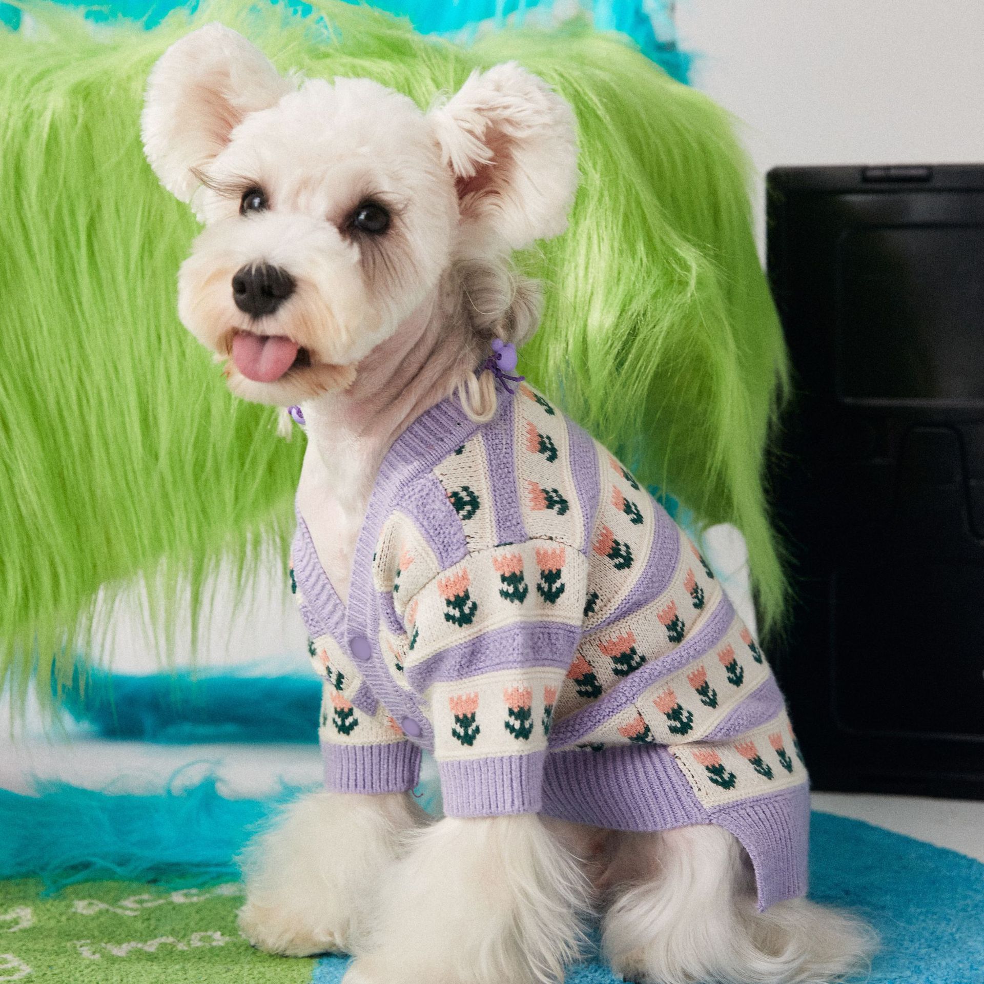 HKM-8834877 Cozy Purple Flower Jacquard Sweater Cardigan for Pets
