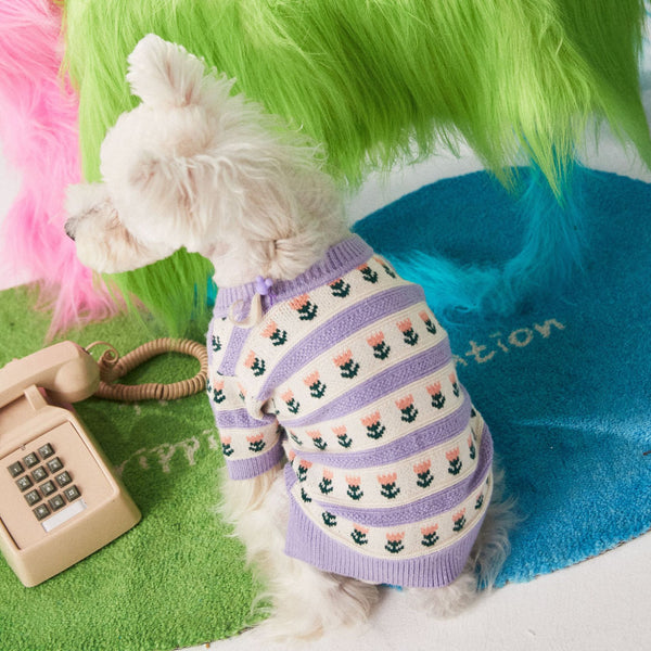 HKM-8834877 Cozy Purple Flower Jacquard Sweater Cardigan for Pets
