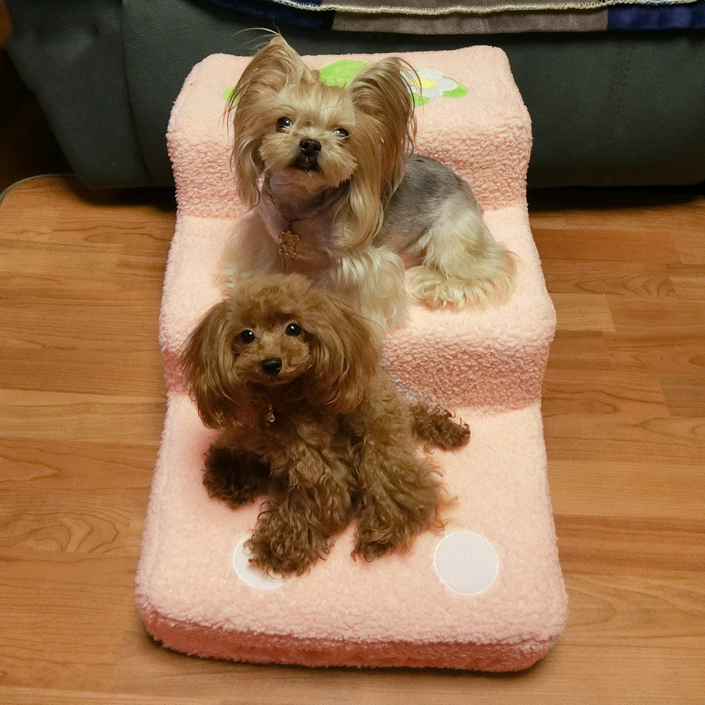 HKM-8835261 Bubble Velvet Dog Steps with Lamb Wool Cover - Pink and Big Red, 65x40x35 cm