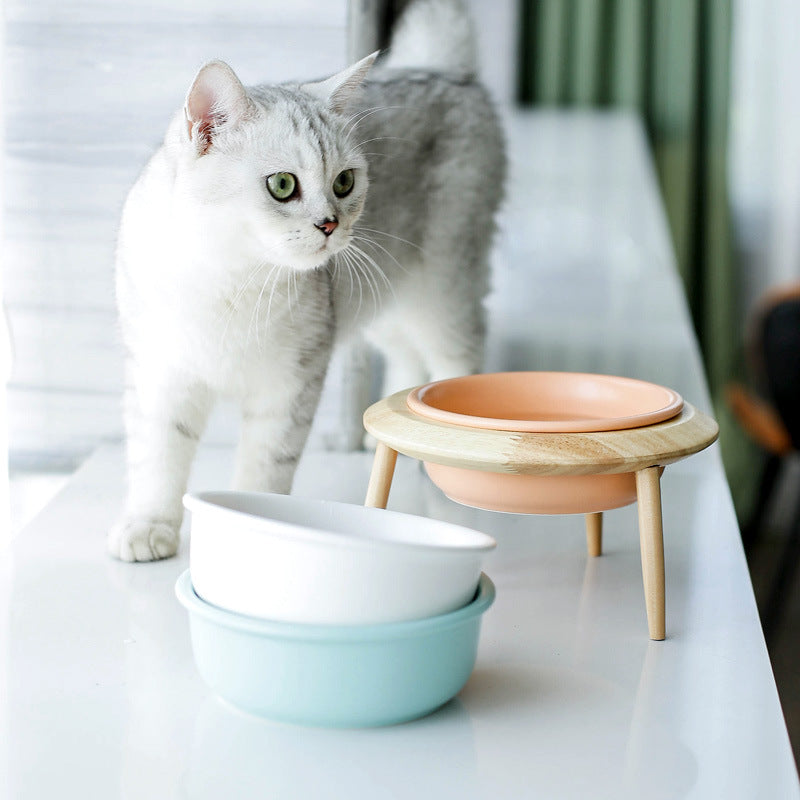 HKM-8837053 Large and Small Ceramic Cat and Dog Bowls with Bamboo Base, 800ml and 480ml, Non-Toxic Design