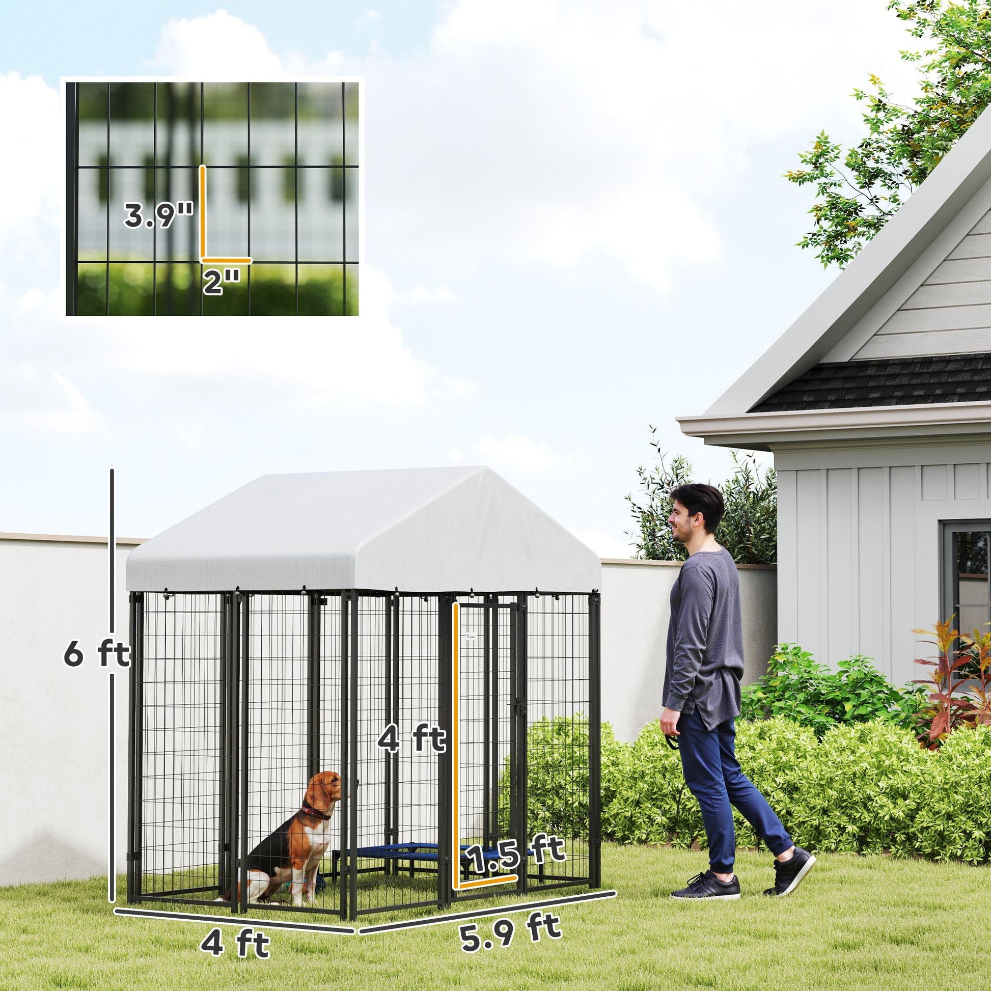 HKM-8840509 Escape-Proof Outdoor Dog Kennel with Roof, UV-Resistant and Waterproof Cover, 5.9 x 4 x 6 ft, Silver