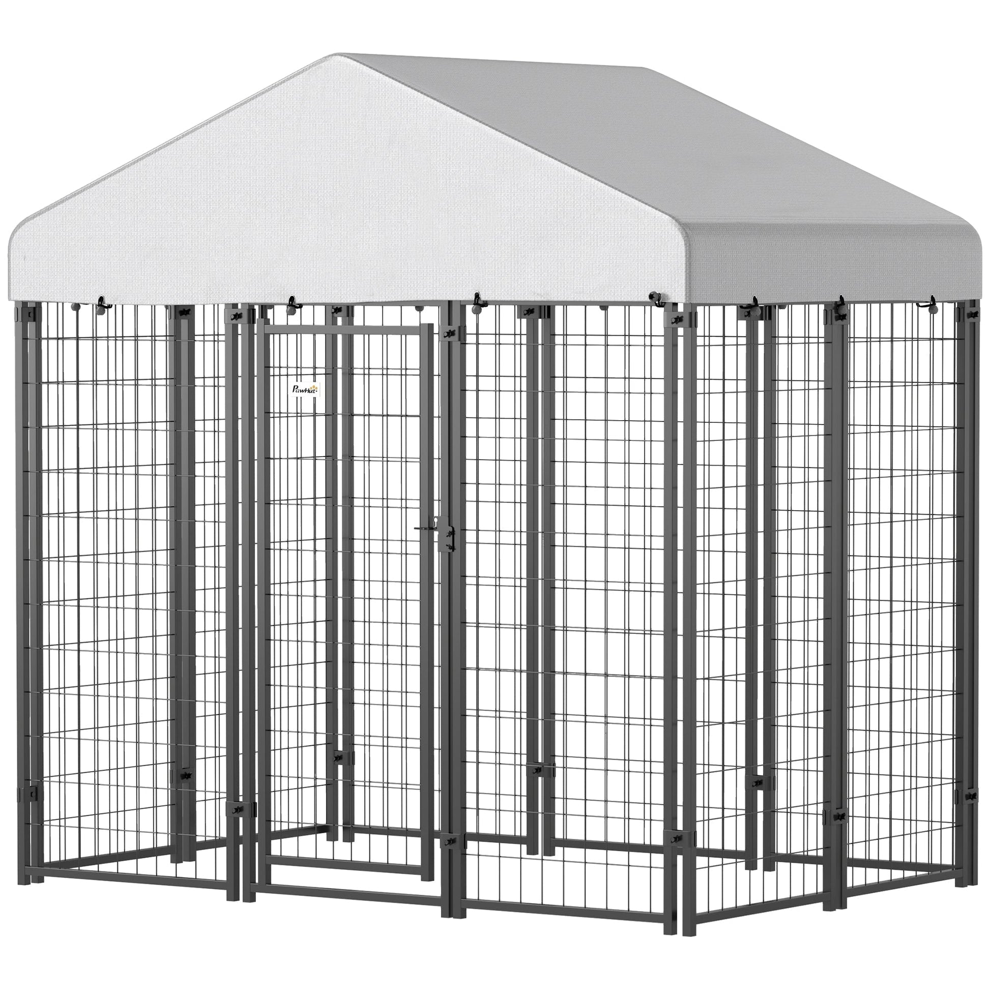 HKM-8840509 Escape-Proof Outdoor Dog Kennel with Roof, UV-Resistant and Waterproof Cover, 5.9 x 4 x 6 ft, Silver