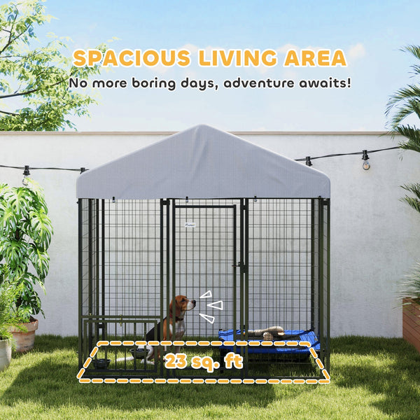 HKM-8840509 Escape-Proof Outdoor Dog Kennel with Roof, UV-Resistant and Waterproof Cover, 5.9 x 4 x 6 ft, Silver