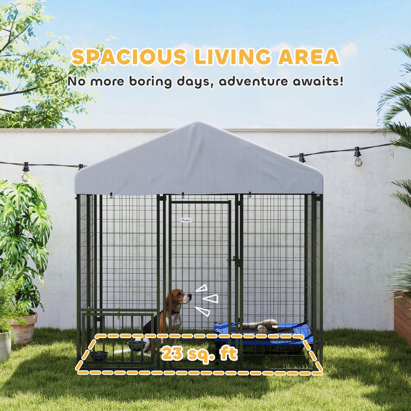 HKM-8840509 Escape-Proof Outdoor Dog Kennel with Roof, UV-Resistant and Waterproof Cover, 5.9 x 4 x 6 ft, Silver
