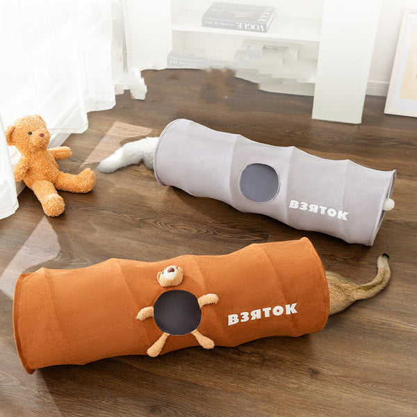 HKM-8841917 Foldable Cartoon Cat Tunnel in Brown Bear and Gray - Available in Small and Large Sizes