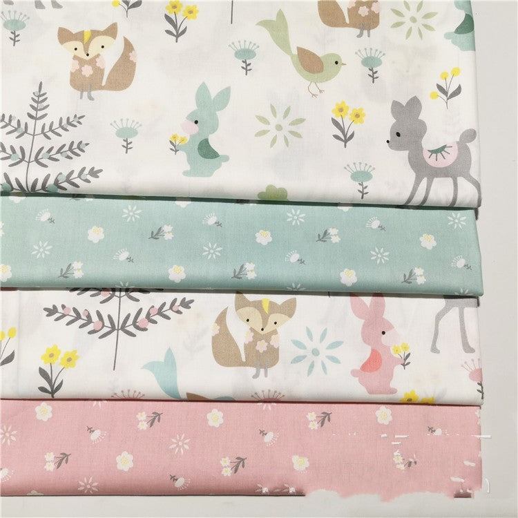 HKM-884371 Cotton Cartoon Fabric featuring Green Deer and Squirrel, 100% Cotton Twill, Ideal for Bedding, Curtains, Clothing, 1.6m Wide