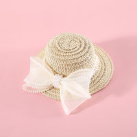 HKM-8844861 Pet Cat Lady Straw Hat with Pearl Bow in Multiple Colors