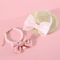 HKM-8844861 Pet Cat Lady Straw Hat with Pearl Bow in Multiple Colors