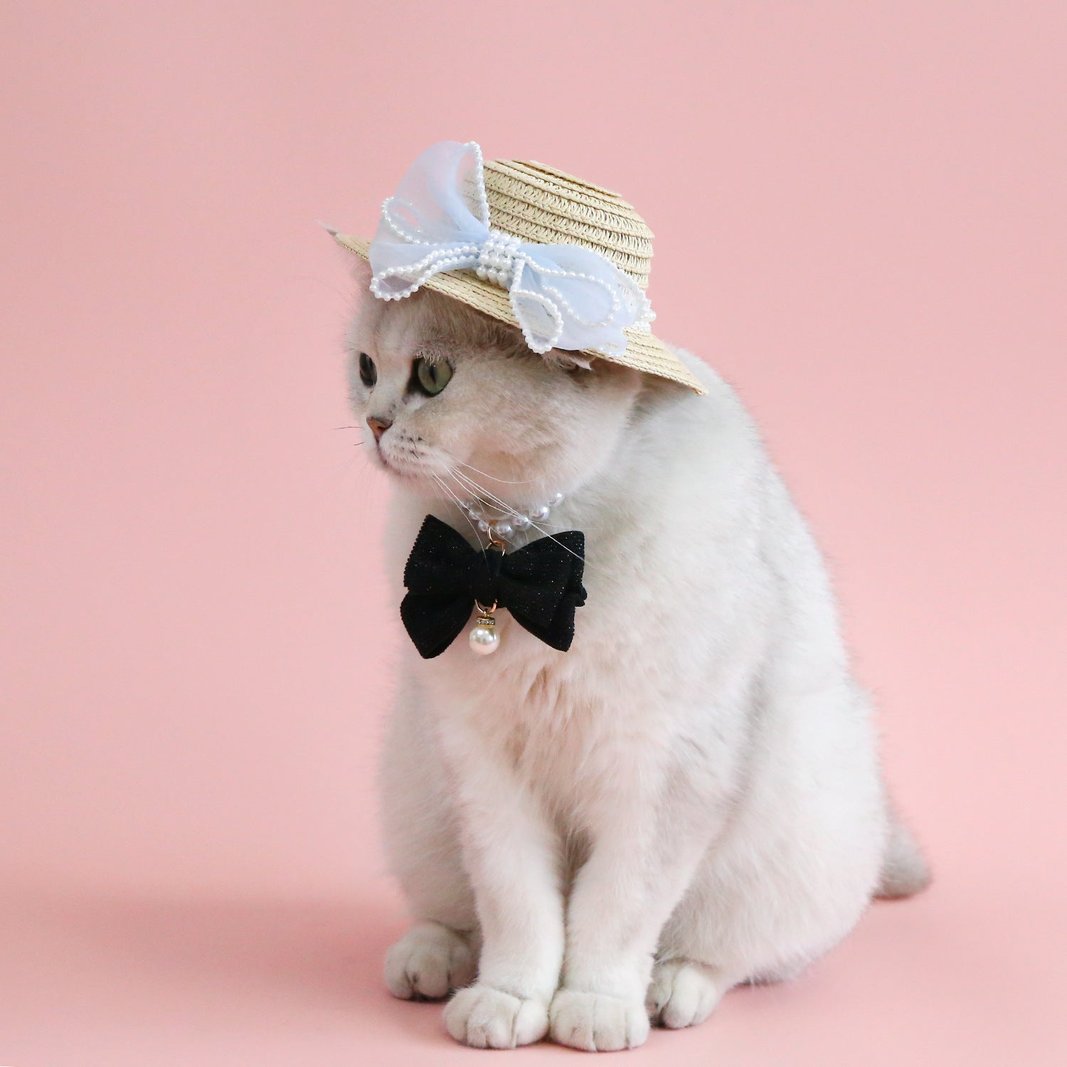 HKM-8844861 Pet Cat Lady Straw Hat with Pearl Bow in Multiple Colors