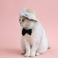 HKM-8844861 Pet Cat Lady Straw Hat with Pearl Bow in Multiple Colors