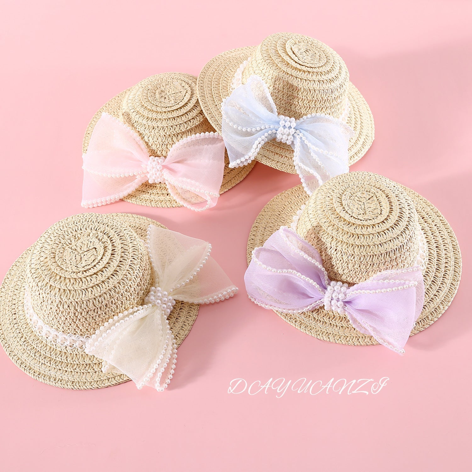 HKM-8844861 Pet Cat Lady Straw Hat with Pearl Bow in Multiple Colors