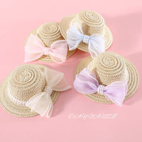 HKM-8844861 Pet Cat Lady Straw Hat with Pearl Bow in Multiple Colors