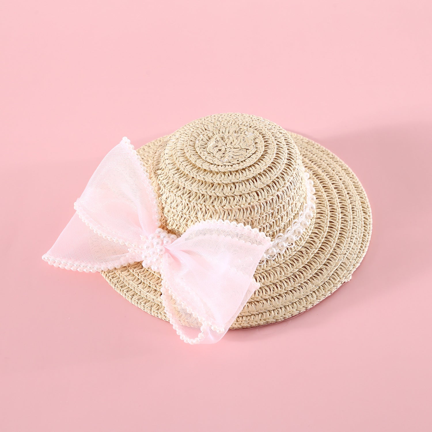 HKM-8844861 Pet Cat Lady Straw Hat with Pearl Bow in Multiple Colors