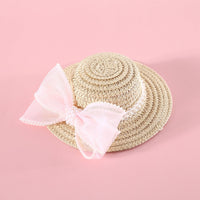 HKM-8844861 Pet Cat Lady Straw Hat with Pearl Bow in Multiple Colors