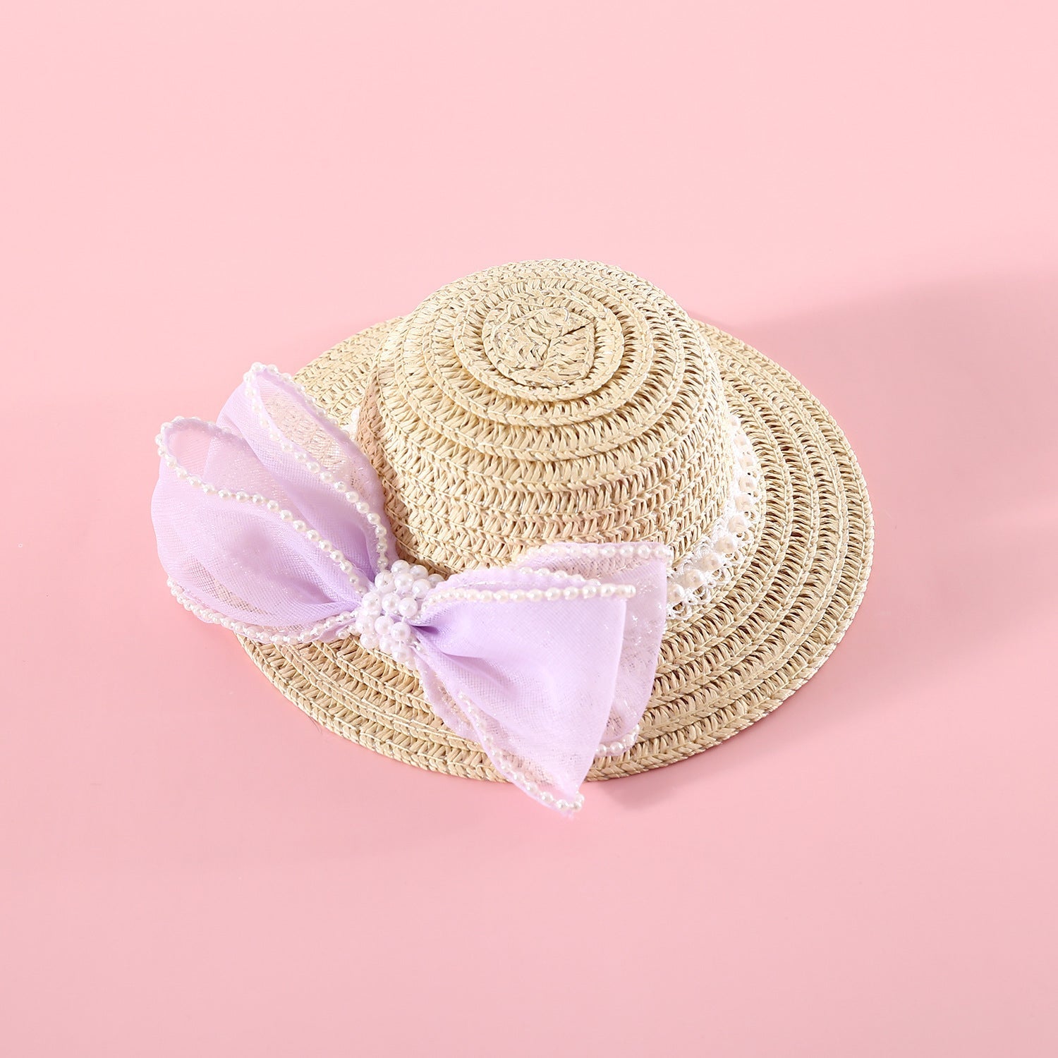 HKM-8844861 Pet Cat Lady Straw Hat with Pearl Bow in Multiple Colors