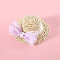 HKM-8844861 Pet Cat Lady Straw Hat with Pearl Bow in Multiple Colors