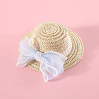 HKM-8844861 Pet Cat Lady Straw Hat with Pearl Bow in Multiple Colors