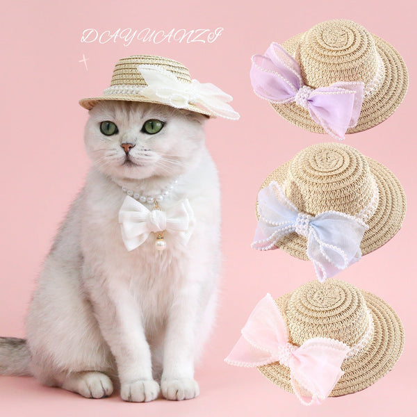 HKM-8844861 Pet Cat Lady Straw Hat with Pearl Bow in Multiple Colors