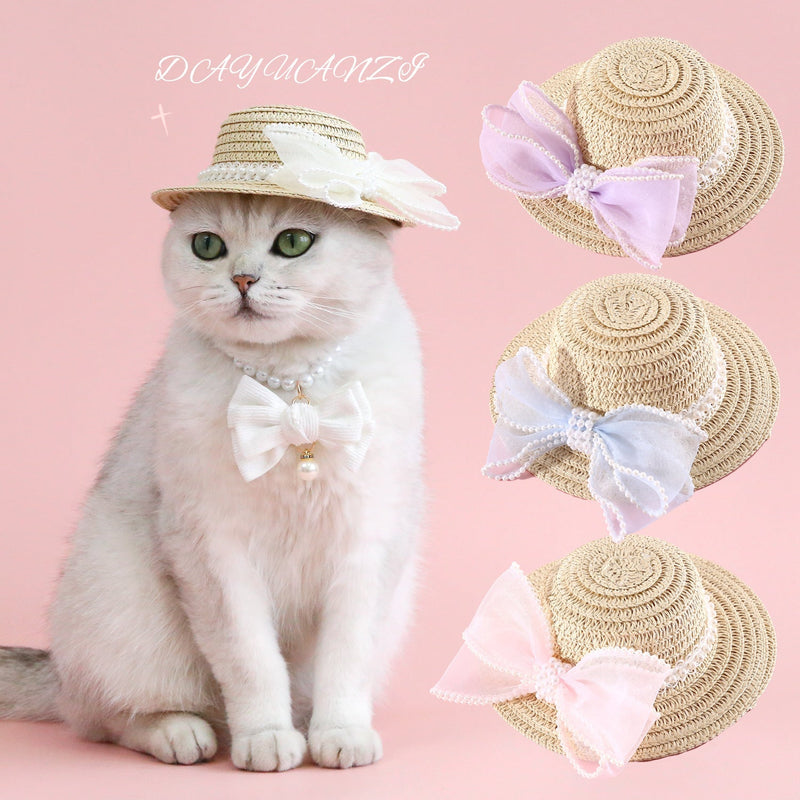 HKM-8844861 Pet Cat Lady Straw Hat with Pearl Bow in Multiple Colors
