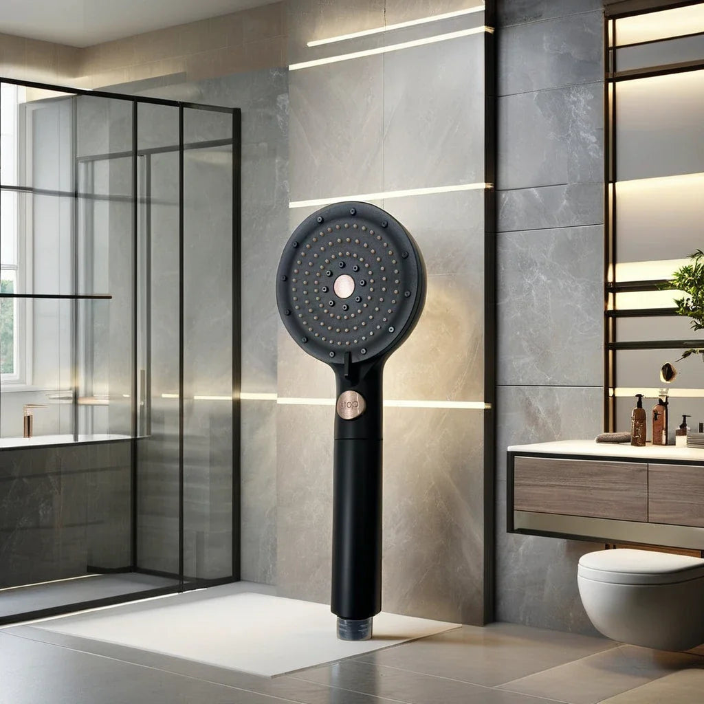 HKM-884563 3-Way Handheld Shower Head in Black ABS with Stop Button for Bathroom Use