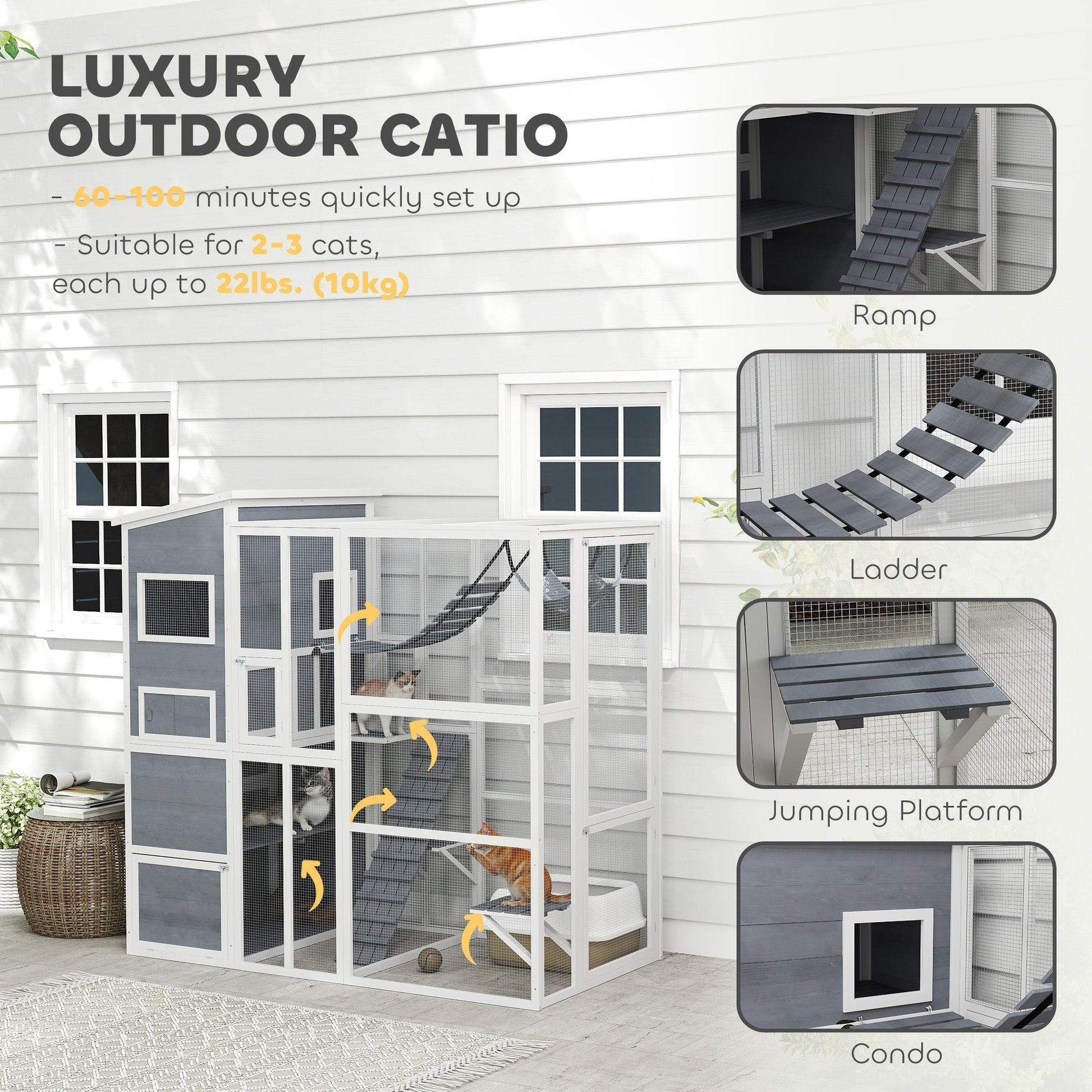 HKM-8846269 Large Wooden Outdoor Cat Enclosure with 4 Tiers, 3 Platforms, Ramps, Hammock & Soft Ladder in Gray