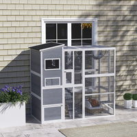 HKM-8846269 Large Wooden Outdoor Cat Enclosure with 4 Tiers, 3 Platforms, Ramps, Hammock & Soft Ladder in Gray
