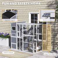 HKM-8846269 Large Wooden Outdoor Cat Enclosure with 4 Tiers, 3 Platforms, Ramps, Hammock & Soft Ladder in Gray