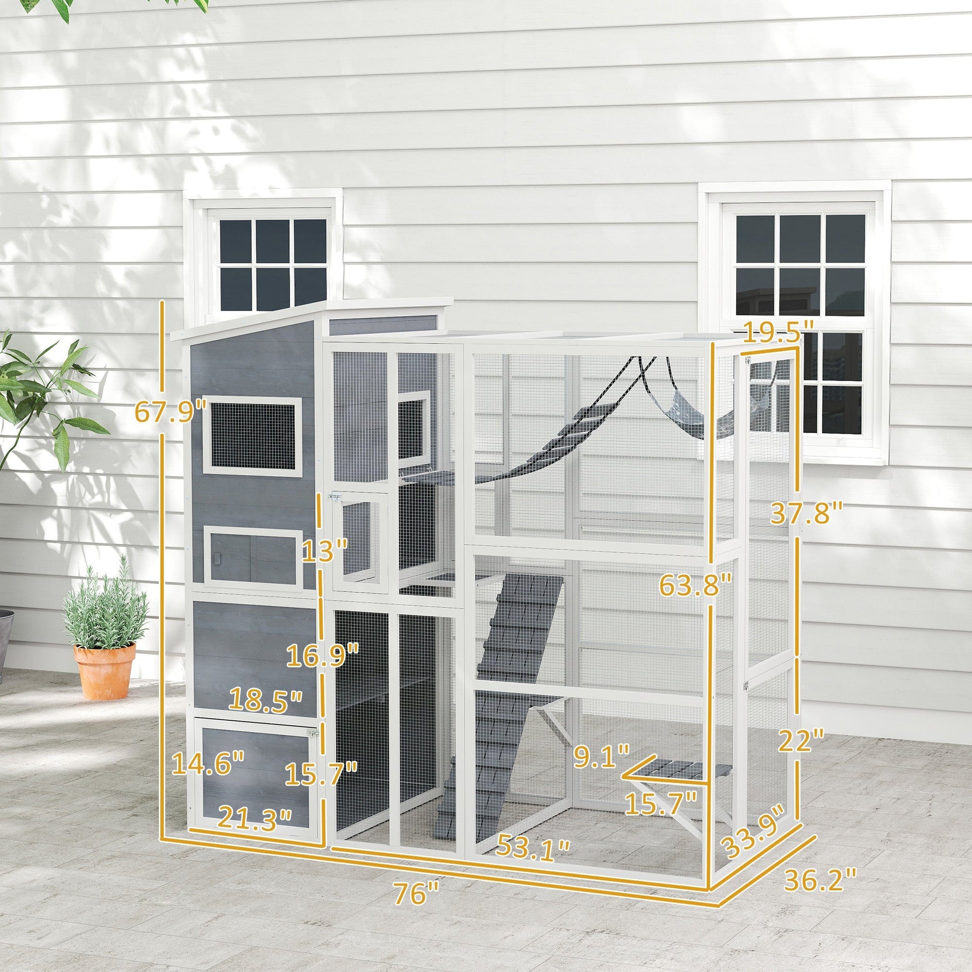 HKM-8846269 Large Wooden Outdoor Cat Enclosure with 4 Tiers, 3 Platforms, Ramps, Hammock & Soft Ladder in Gray