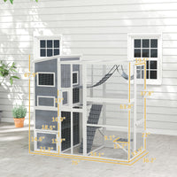HKM-8846269 Large Wooden Outdoor Cat Enclosure with 4 Tiers, 3 Platforms, Ramps, Hammock & Soft Ladder in Gray