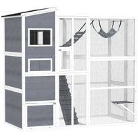 HKM-8846269 Large Wooden Outdoor Cat Enclosure with 4 Tiers, 3 Platforms, Ramps, Hammock & Soft Ladder in Gray