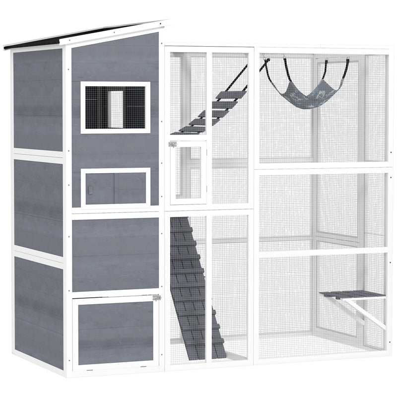 HKM-8846269 Large Wooden Outdoor Cat Enclosure with 4 Tiers, 3 Platforms, Ramps, Hammock & Soft Ladder in Gray
