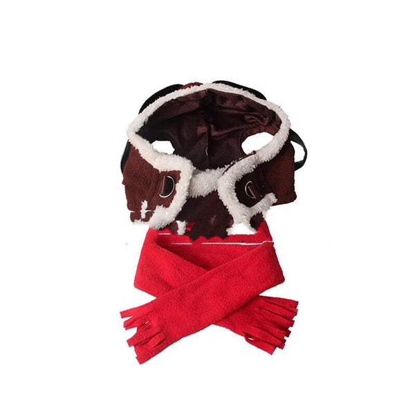 HKM-8847421 Red Flying Cap and Scarf Set for Pets - Size L, Dark Brown