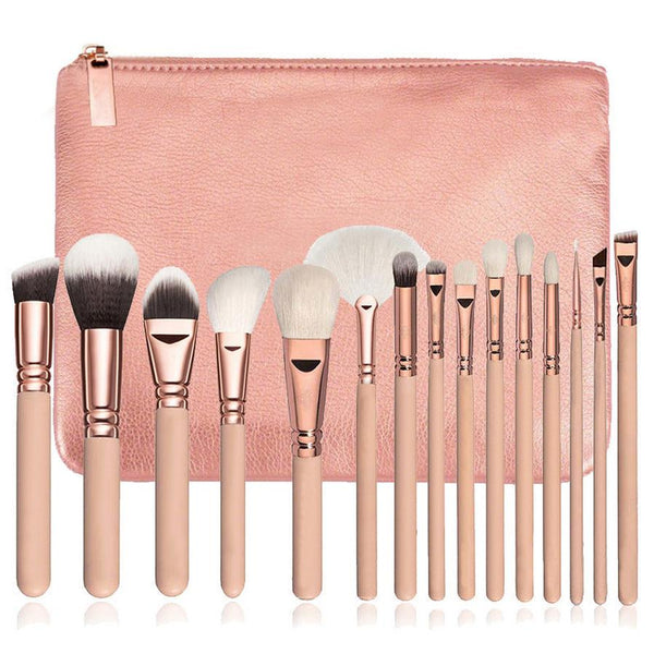HKM-884755 15-Piece Rose Gold Makeup Brush Set with Carrying Bag - Soft Synthetic Hair Brushes for Multi-Function Use