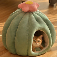 HKM-8852413 Cozy Closed Cat Nest in Fruit Green and Skin Pink, Velvet Material, Sizes Medium and Large