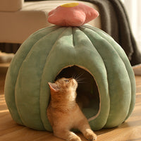 HKM-8852413 Cozy Closed Cat Nest in Fruit Green and Skin Pink, Velvet Material, Sizes Medium and Large