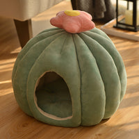 HKM-8852413 Cozy Closed Cat Nest in Fruit Green and Skin Pink, Velvet Material, Sizes Medium and Large
