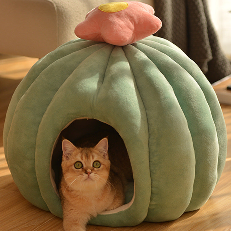 HKM-8852413 Cozy Closed Cat Nest in Fruit Green and Skin Pink, Velvet Material, Sizes Medium and Large