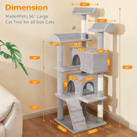 HKM-8853821 Multi-Level Cat Tree with 2 Apartments and Scratching Posts, 56-inch Cat Activity Center in Light Gray