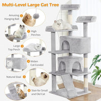 HKM-8853821 Multi-Level Cat Tree with 2 Apartments and Scratching Posts, 56-inch Cat Activity Center in Light Gray