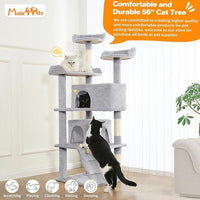 HKM-8853821 Multi-Level Cat Tree with 2 Apartments and Scratching Posts, 56-inch Cat Activity Center in Light Gray