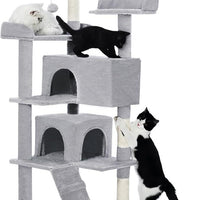HKM-8853821 Multi-Level Cat Tree with 2 Apartments and Scratching Posts, 56-inch Cat Activity Center in Light Gray