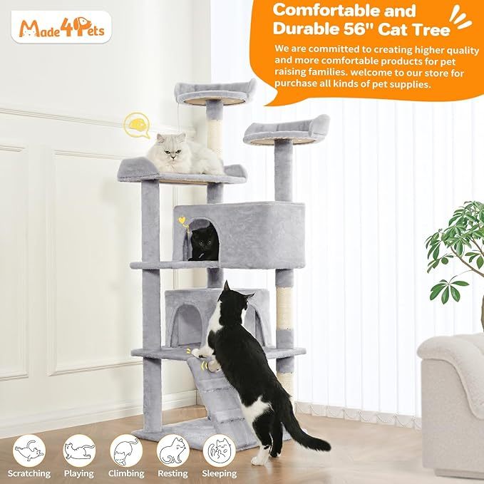 HKM-8853821 Multi-Level Cat Tree with 2 Apartments and Scratching Posts, 56-inch Cat Activity Center in Light Gray