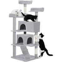 HKM-8853821 Multi-Level Cat Tree with 2 Apartments and Scratching Posts, 56-inch Cat Activity Center in Light Gray
