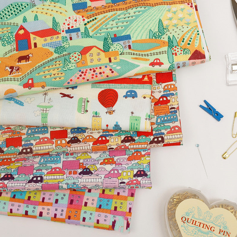 HKM-885523 Cute Cartoon Car and House Fabric - Plain Weave Cotton, 45cm x 110cm