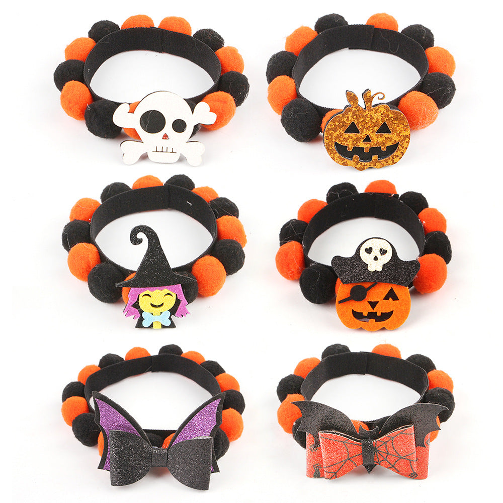HKM-8856125 Halloween Pet Fur Ball Collar with Pumpkin and Bow Designs - Multiple Sizes Available