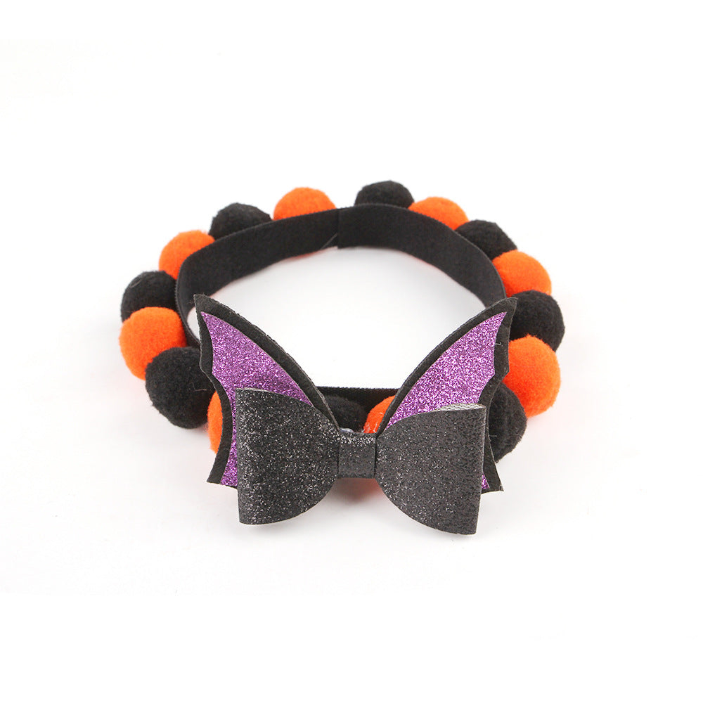HKM-8856125 Halloween Pet Fur Ball Collar with Pumpkin and Bow Designs - Multiple Sizes Available