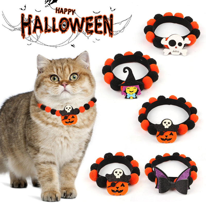 HKM-8856125 Halloween Pet Fur Ball Collar with Pumpkin and Bow Designs - Multiple Sizes Available